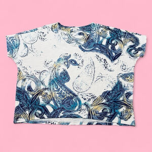 Liz Claiborne XL Blue Abstract Paisley Short Sleeve Top Lightweight Rayon Blend